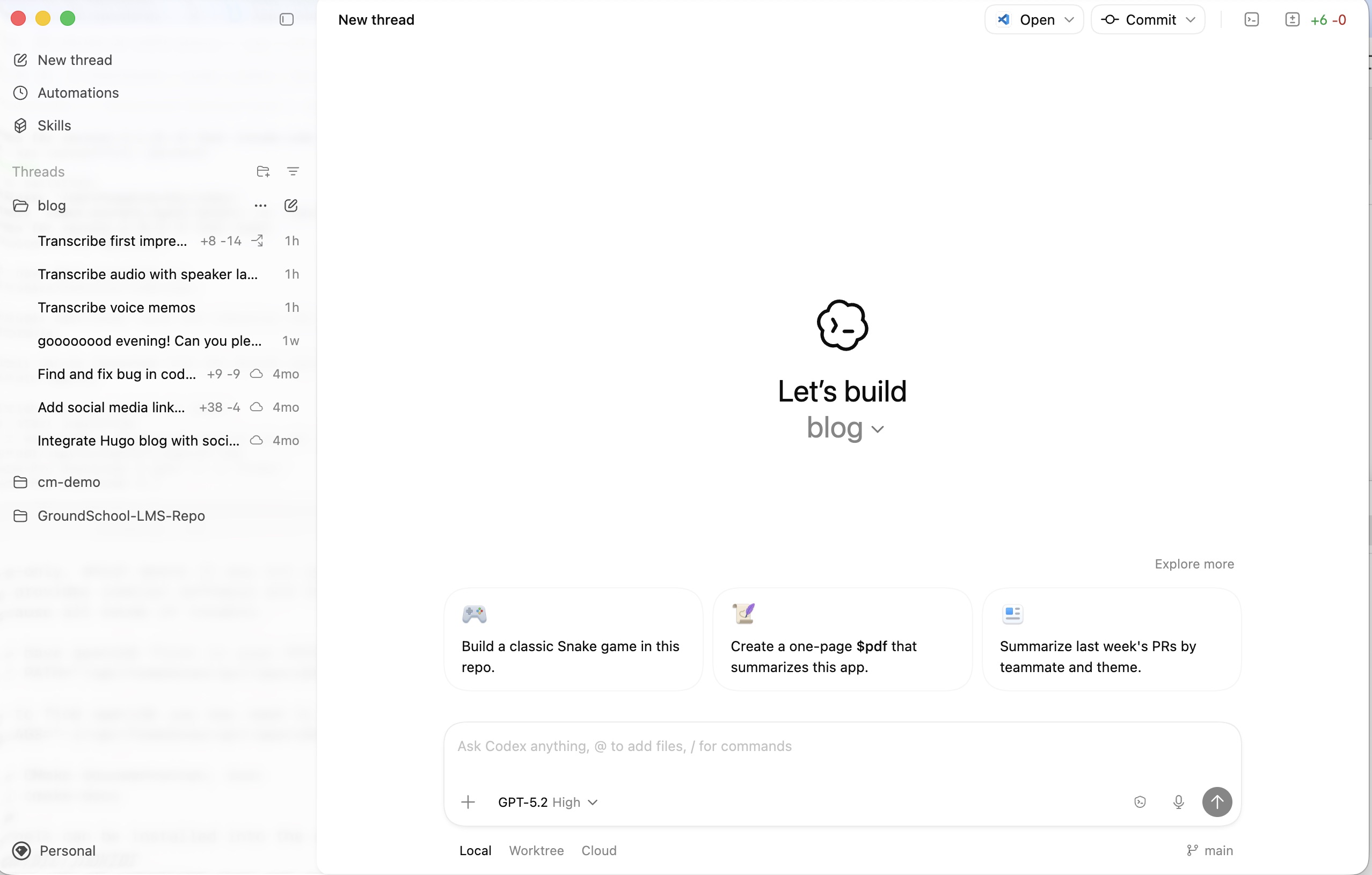 Codex app home screen