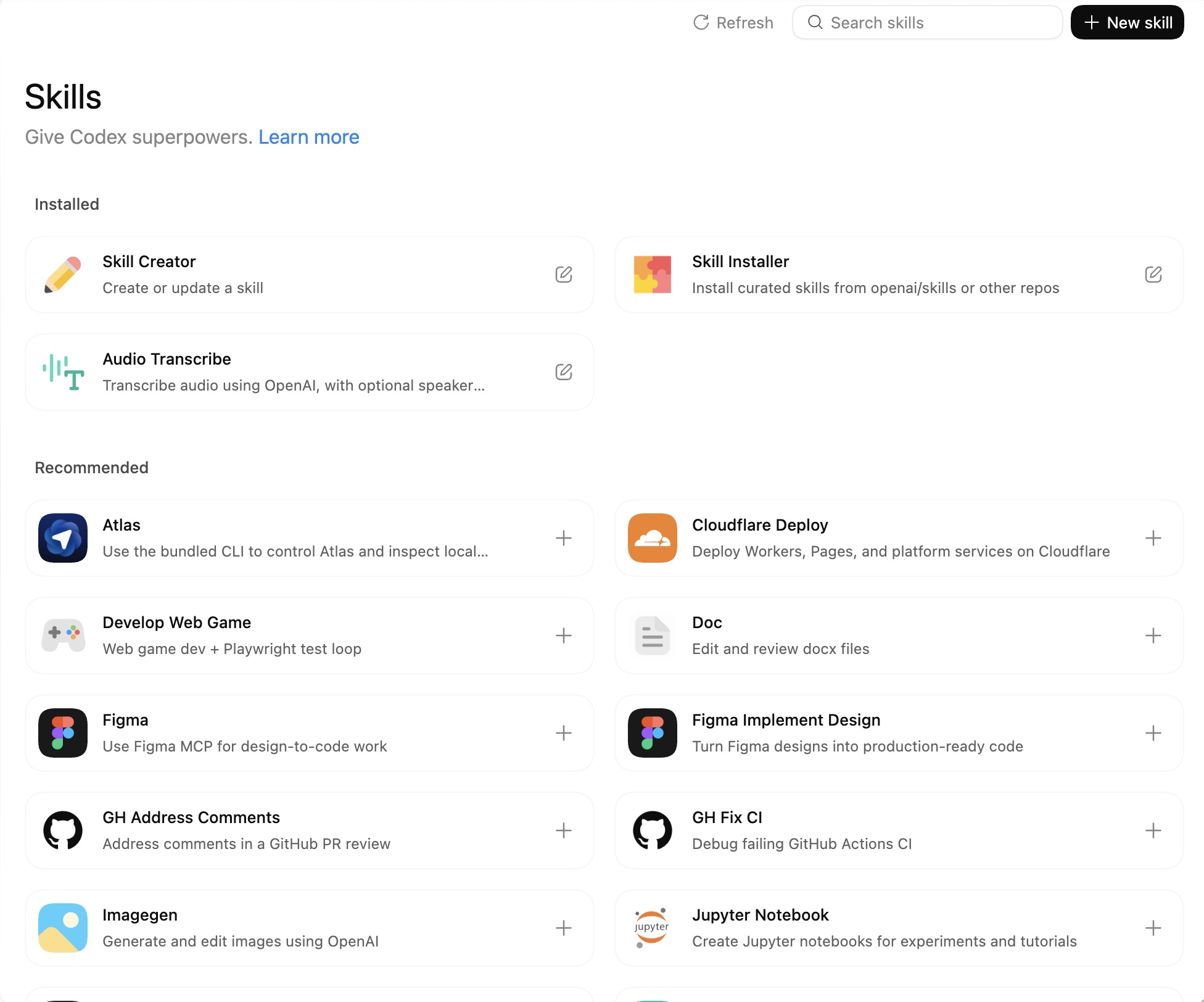 Skills overview screen.