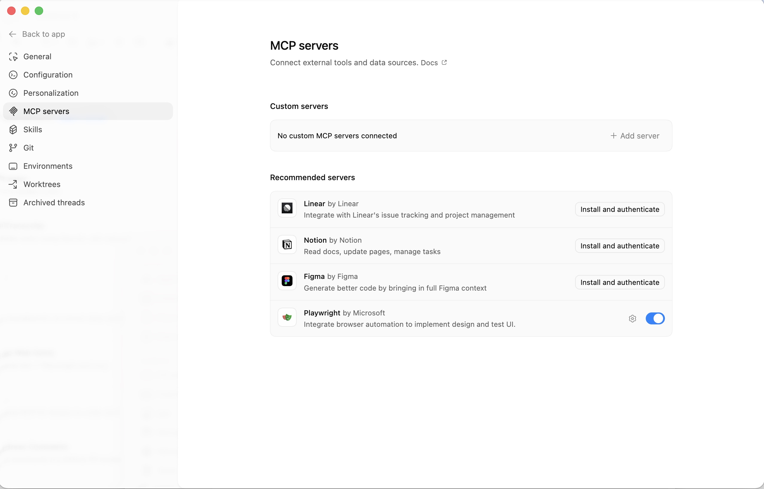 MCP settings screen.