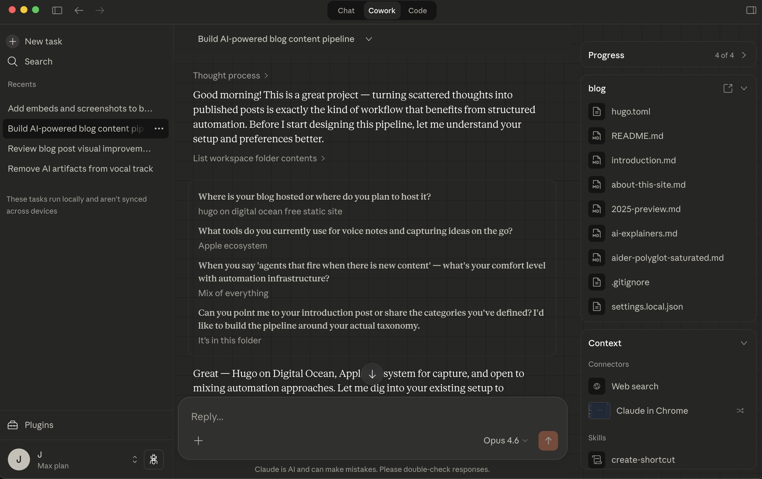 Claude Cowork interface showing the blog pipeline project with file list and working environment