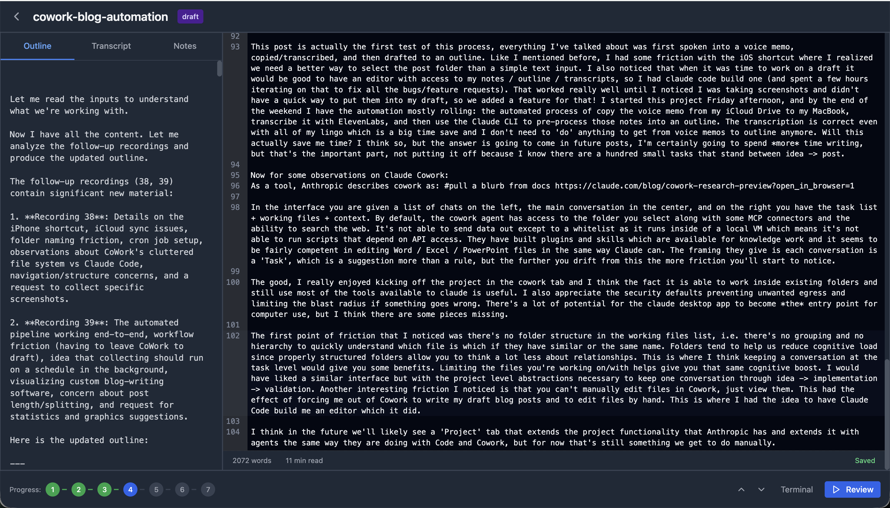 Custom blog draft editor built with Claude Code, showing outline, transcript, and notes panels alongside the markdown editor