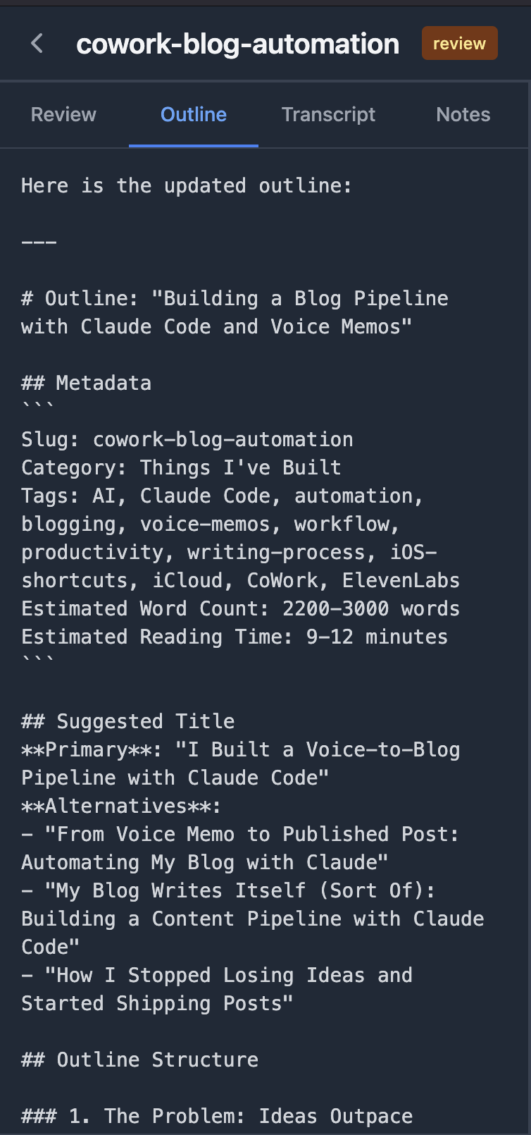 Blog editor showing a structured outline generated by Claude CLI from voice memo transcripts, with metadata, suggested titles, and section structure
