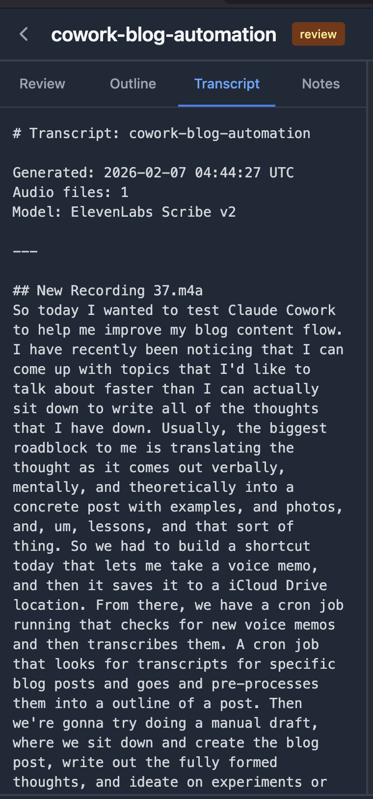 Blog editor showing a transcript generated by ElevenLabs Scribe v2 from a voice memo recording